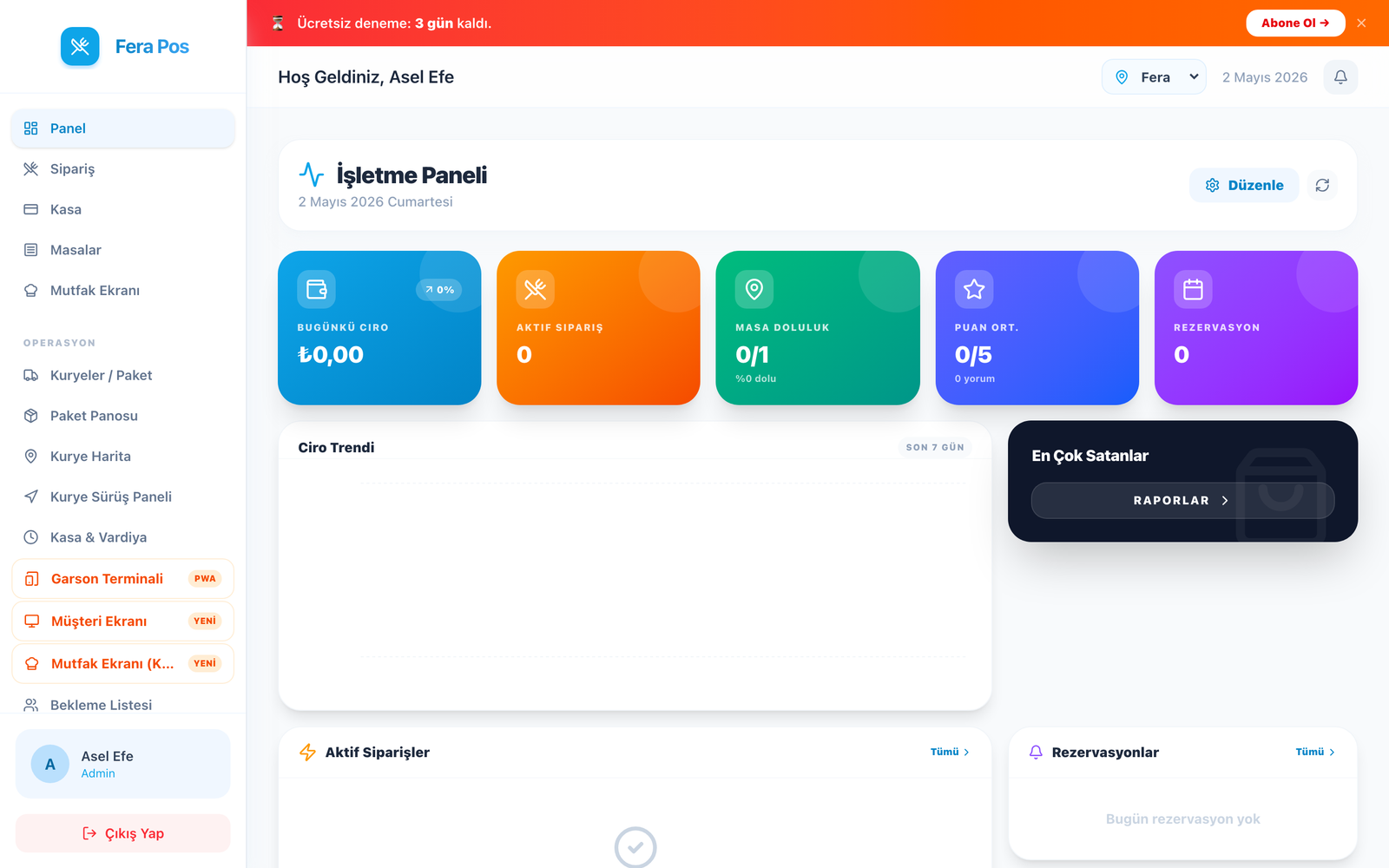 Fera POS Dashboard — İşletme Paneli